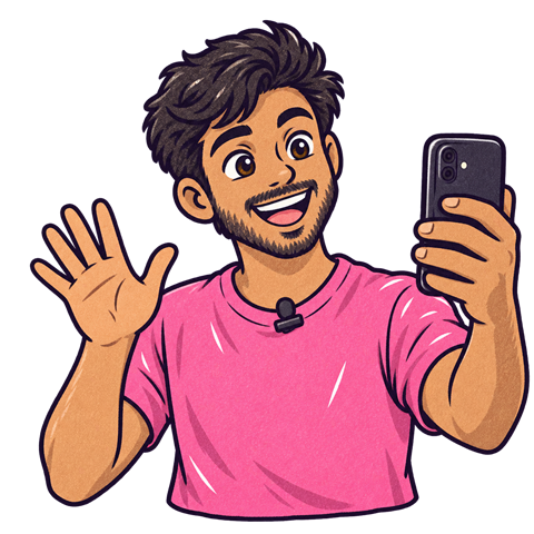 A young creator waving at his phone while recording a video