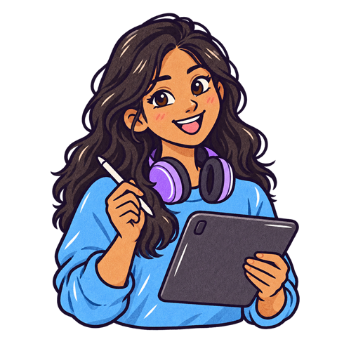 A young video editor and designer with headphones, holding a tablet and stylus