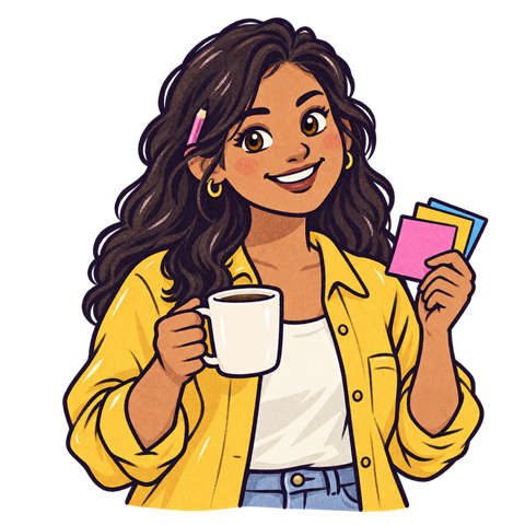 A small studio owner holding a coffee mug and sticky notes